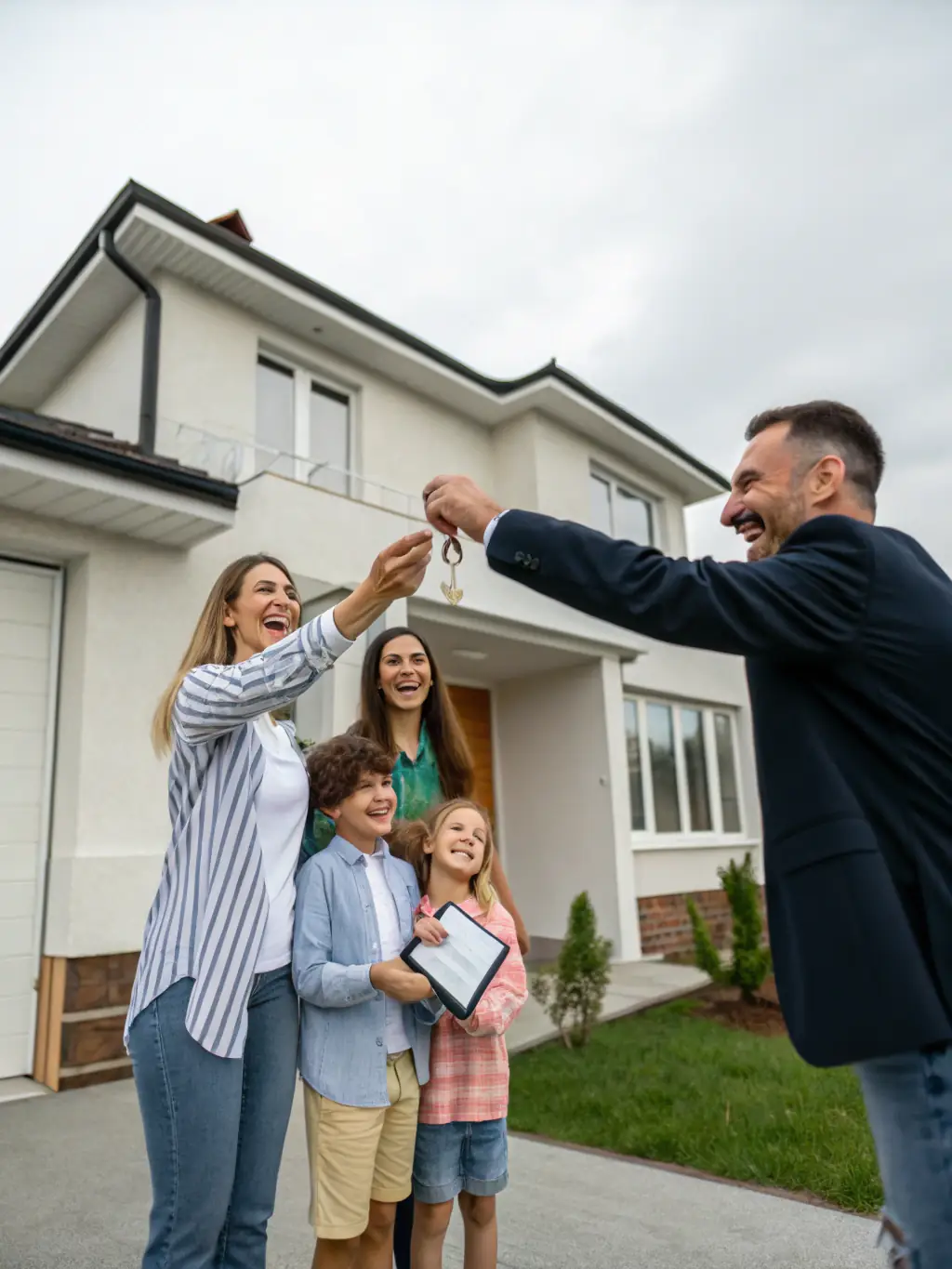 A family happily receiving keys to their new home, symbolizing the joy of buying a property.