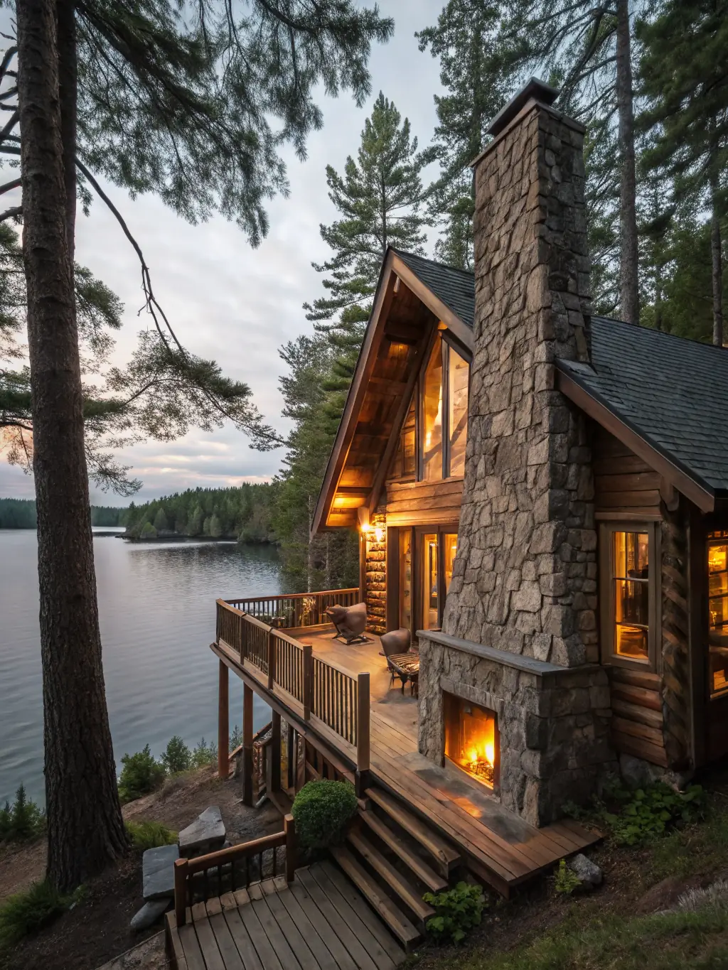 A rustic cabin nestled in a wooded area, with smoke gently rising from the chimney.