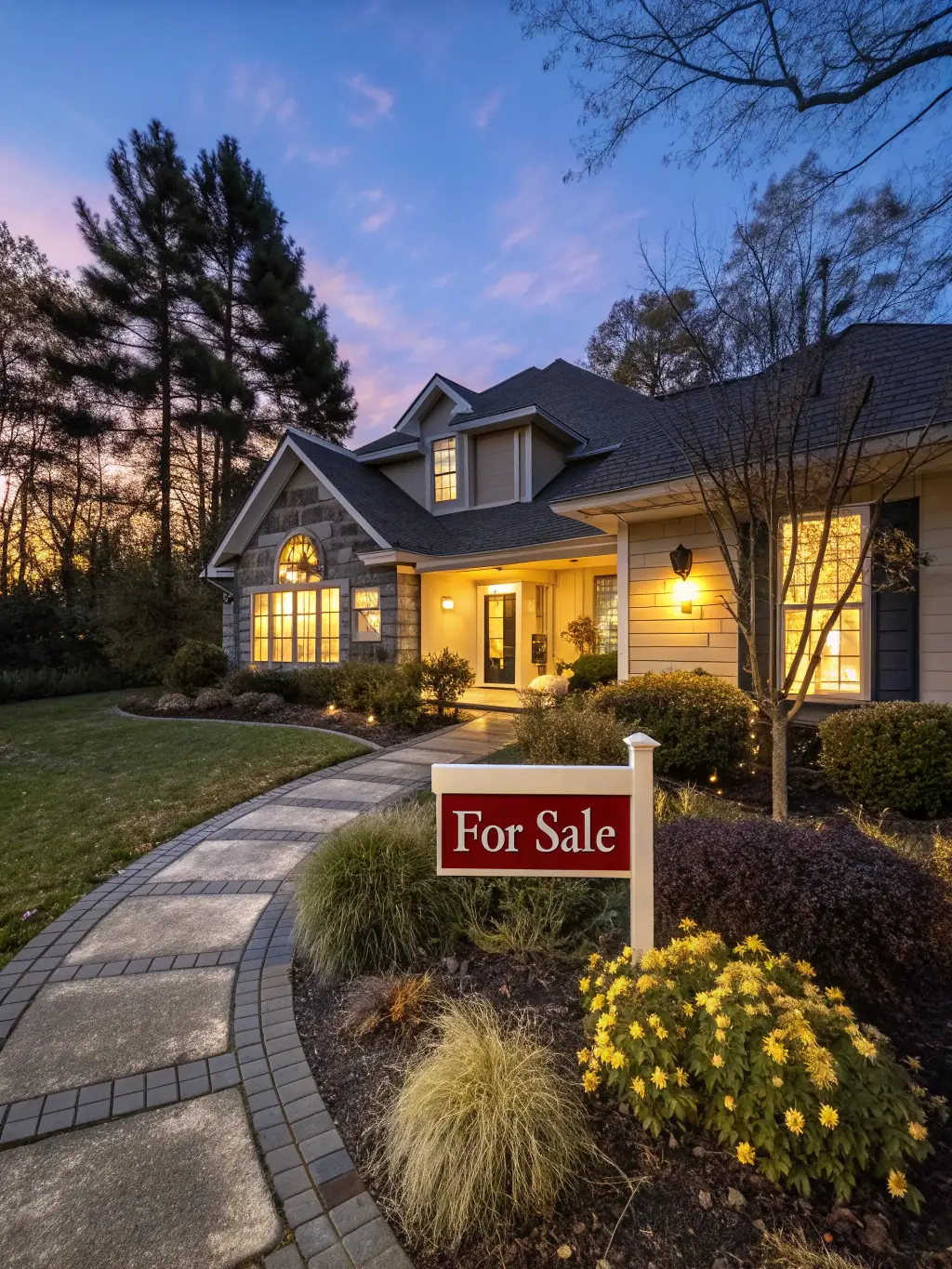 A modern house with a well-manicured lawn and a 'For Sale' sign in the front yard, bathed in the warm light of a late afternoon sun.