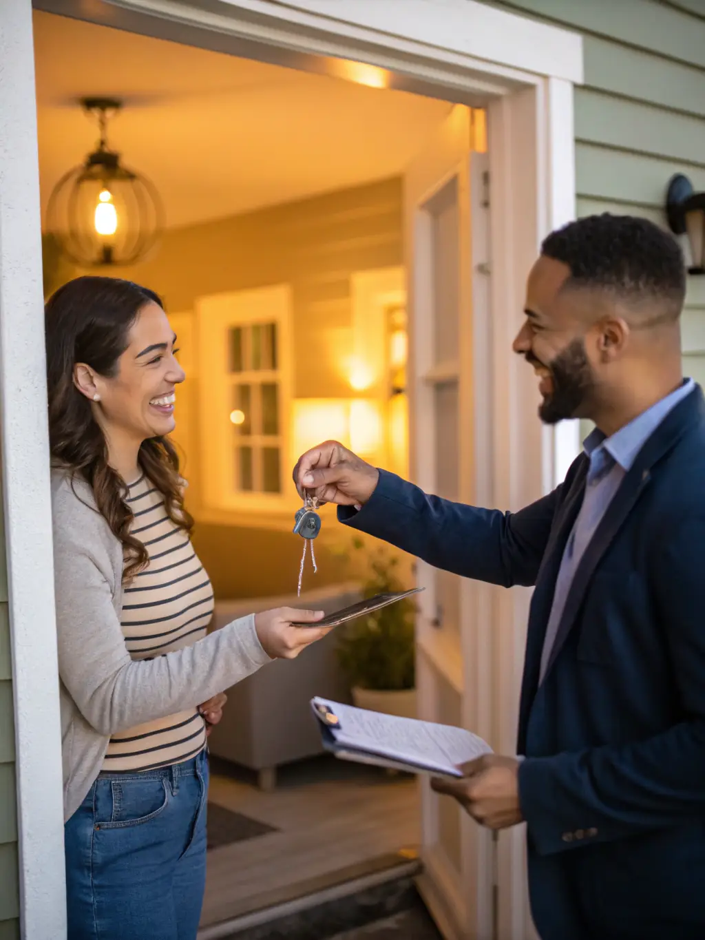 An image of a house key being handed over to a smiling client, symbolizing the successful completion of a real estate transaction.