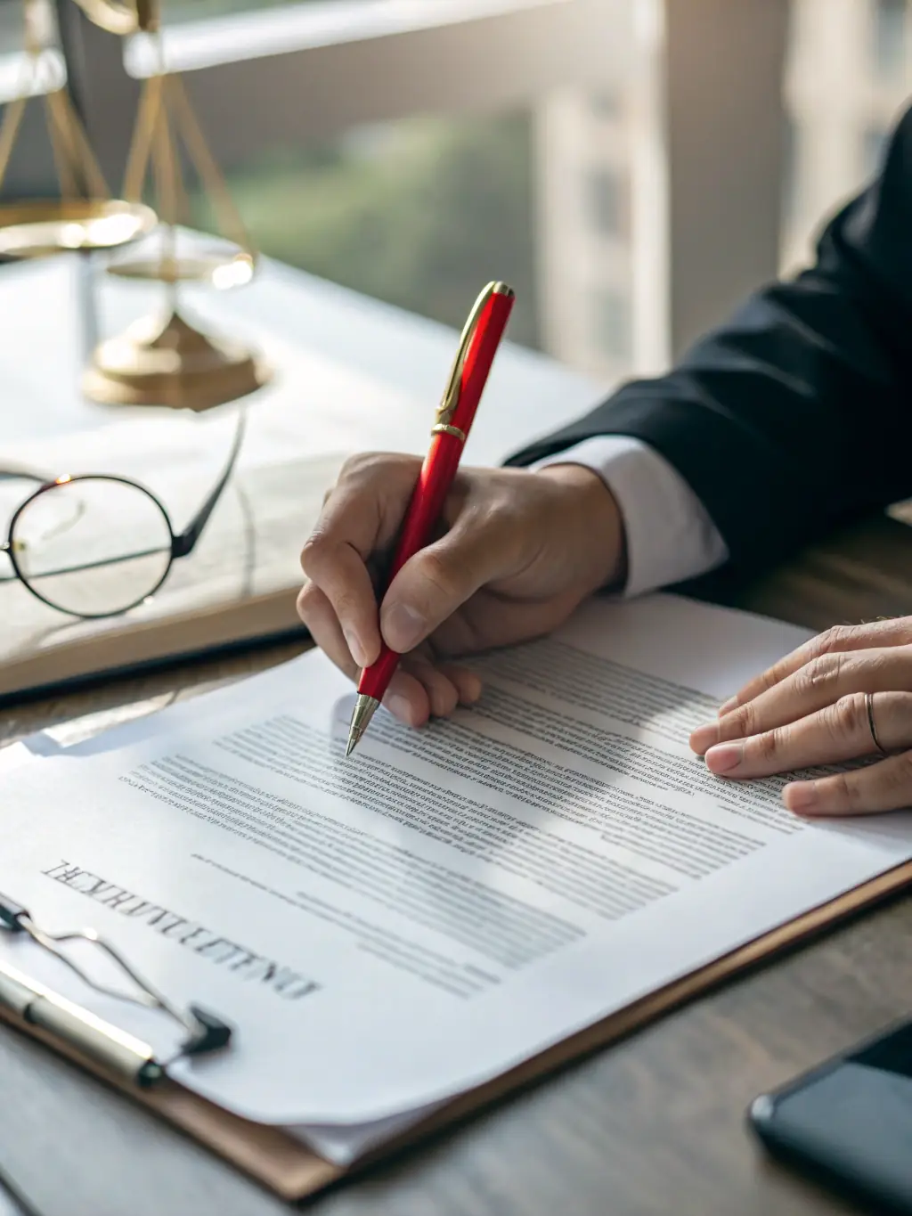 A close-up of a contract being signed with a pen, emphasizing the importance of legal aspects in real estate.