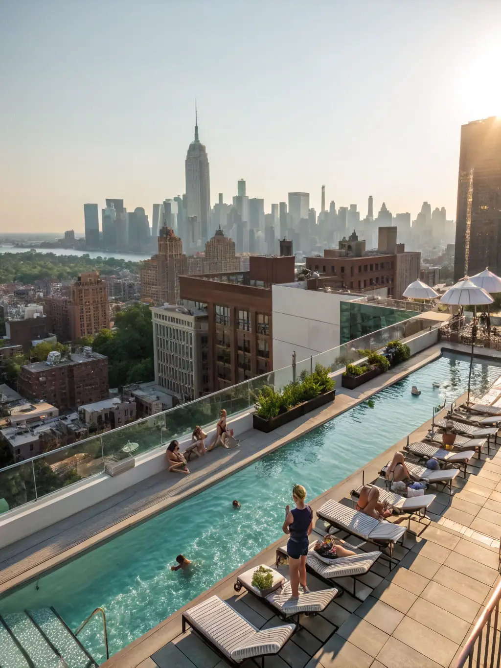 A modern condo with a rooftop pool and lounge area, showcasing a vibrant community atmosphere.