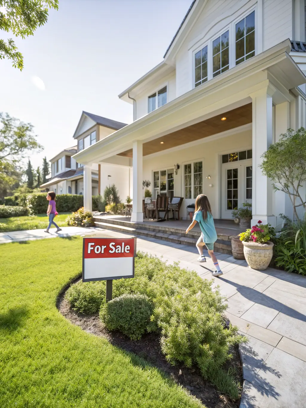 A modern house with a 'For Sale' sign in the front yard, bathed in the warm light of a late afternoon sun, representing property sales services offered by Wagne Erenterprise.