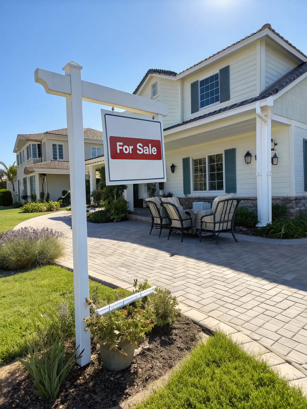 A modern house with a 'For Sale' sign in the front yard, bathed in the warm light of a sunset, representing residential property sales.